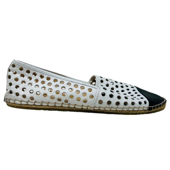 Loeffler Randall Leather Perforated Slip On Espadrille White Black Cap Toe - 9B - Picture 1 of 7